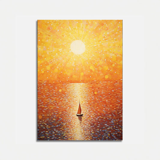 A painting of a sunset with a mosaic pattern and a boat silhouette on water.