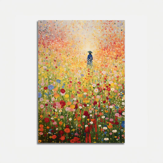 Colorful abstract painting of a person in a field with vibrant flowers and dots of light.