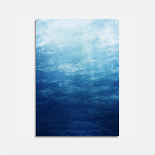 Abstract ocean watercolor painting with blue tones on canvas.