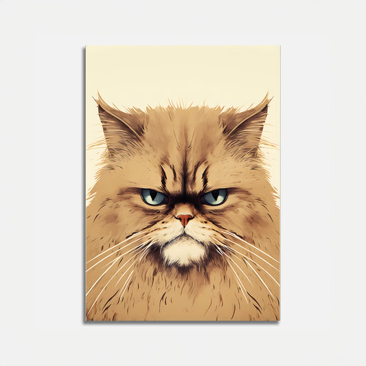 Illustration of a grumpy long-haired cat with piercing green eyes.