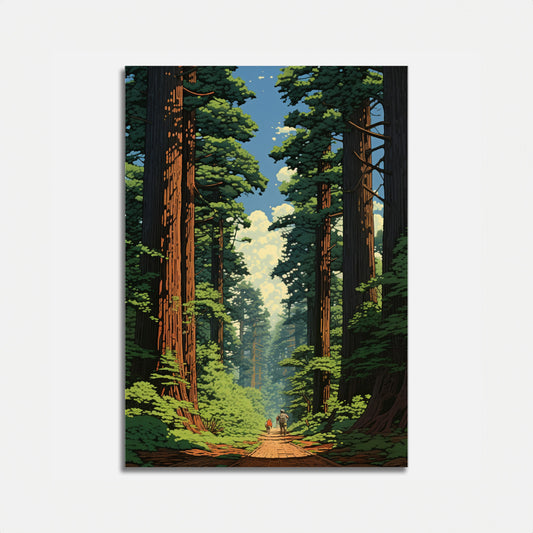 An illustration of two people walking through a tall redwood forest.