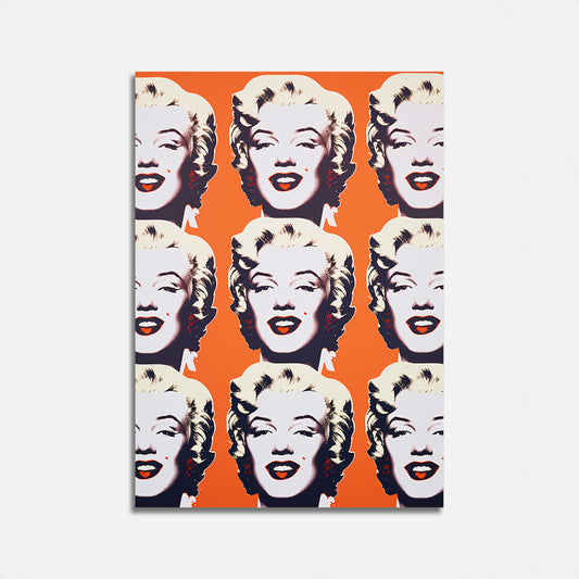 A canvas with a repeating pop art pattern of a smiling blonde woman's face.