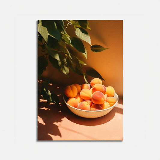 A bowl of apricots under a leafy shadow on a warm-toned background.