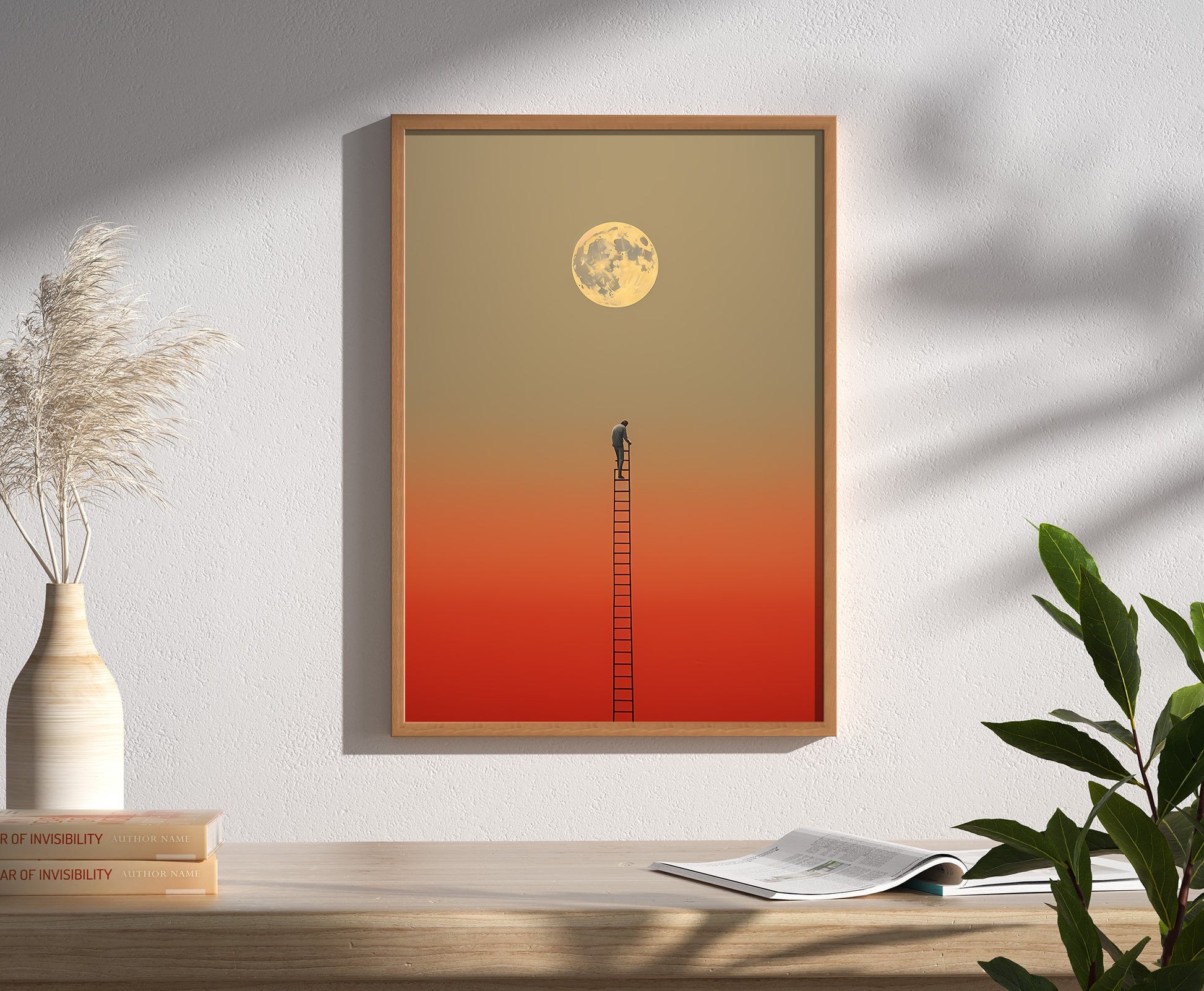 A surreal art poster of a person on a ladder reaching for the moon on a wall.