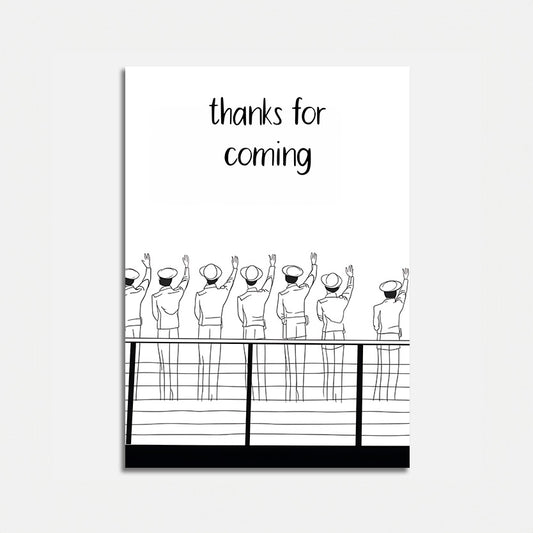 Illustration of people waving hands with text "thanks for coming" on a poster.