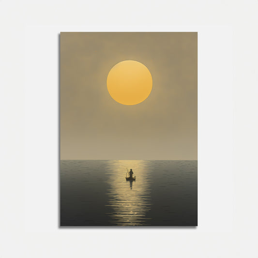 A silhouette of a person paddling a canoe on calm water under a large, golden sun.