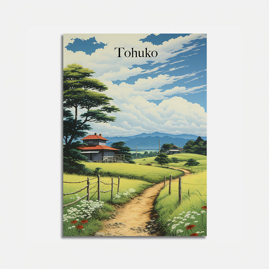 A picturesque poster of the Tohoku countryside with a house, pathway, and mountains.