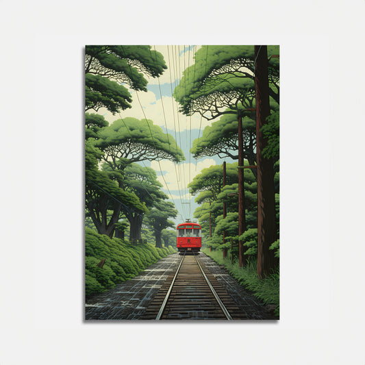 A stylized illustration of a red tram on train tracks through a green, tree-lined landscape.