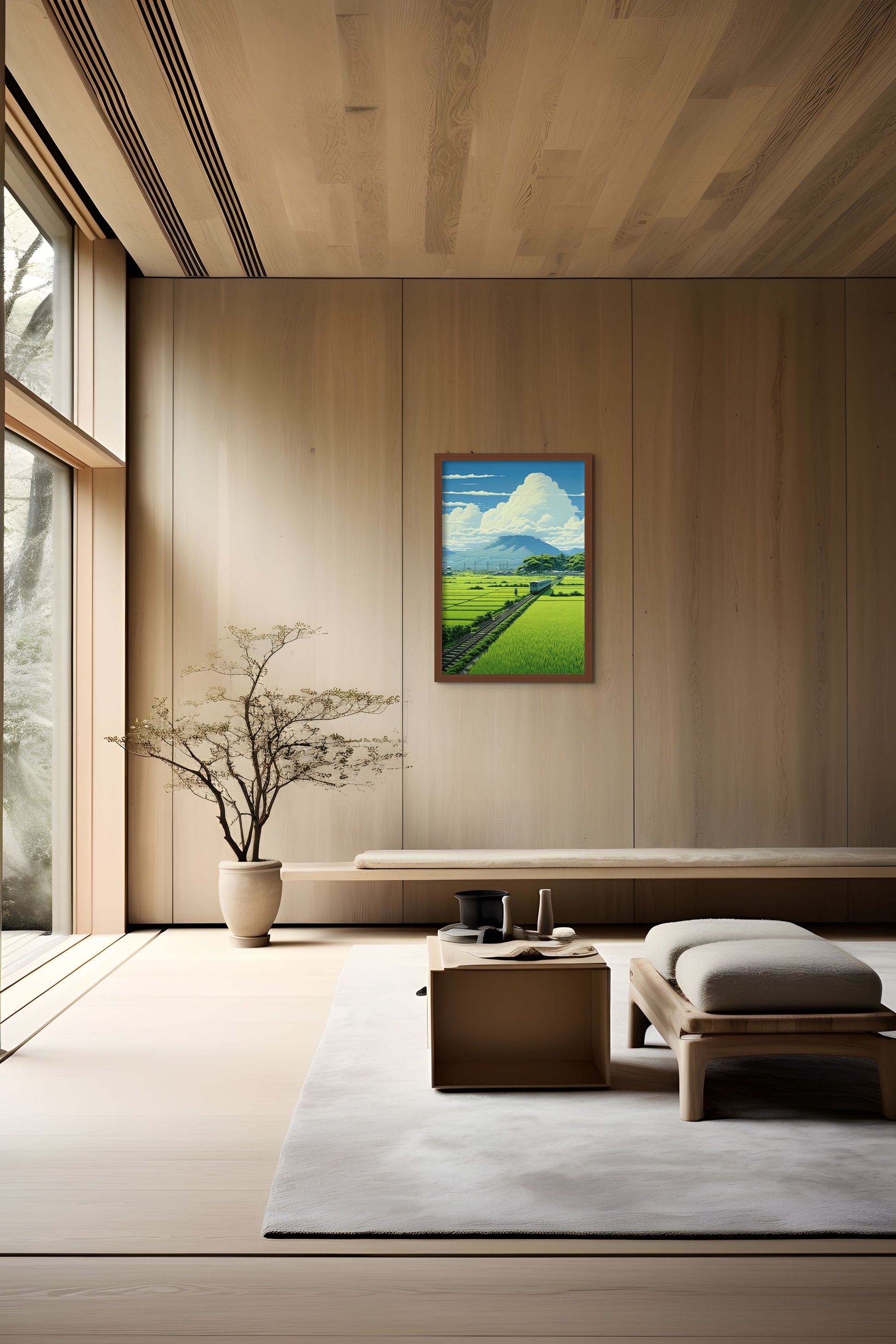 Modern minimalist interior with wooden walls, a large window, and a painting on the wall.