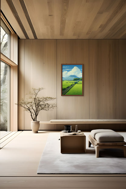 Modern minimalist interior with wooden walls, a large window, and a painting on the wall.