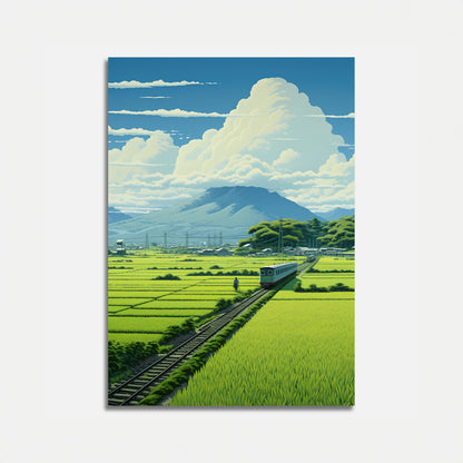 A vibrant illustration of a train traveling through a lush green countryside with large clouds in the sky.