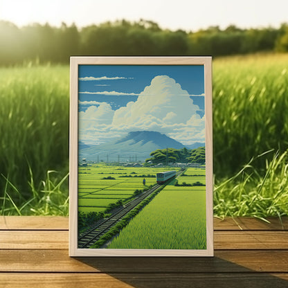 A framed illustration of a train passing through a countryside landscape on a sunny day, displayed outdoors.