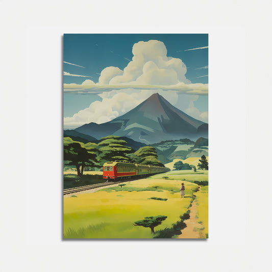 A stylized illustration of a mountain landscape with a train and a person walking.
