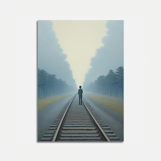 A person standing on train tracks that lead towards the horizon with trees and fog.