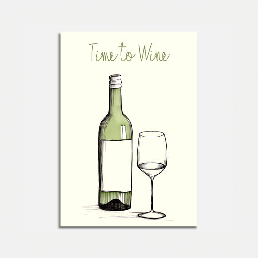Illustration of a wine bottle and glass with the text "Time to Wine"