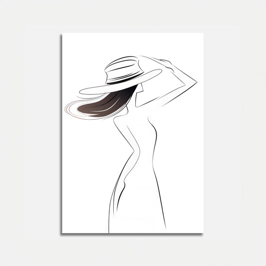 Minimalistic art of a woman in a dress holding a wide-brimmed hat.