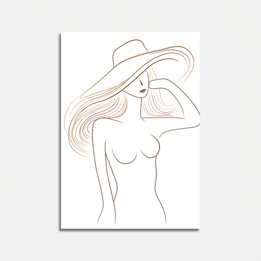 Minimalist line art of a woman with a hat on a canvas.