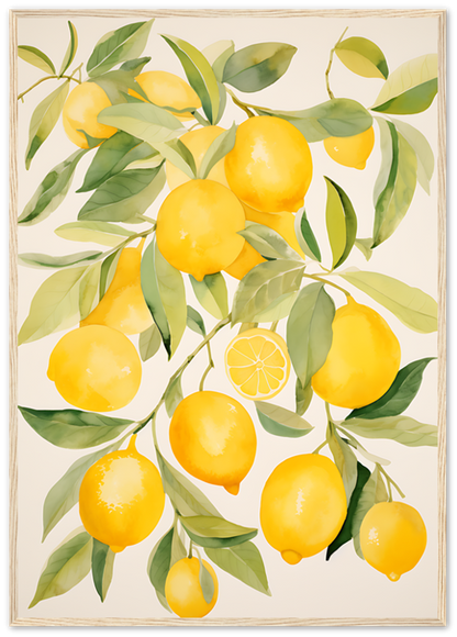 Illustration of yellow lemons with green leaves on a branch.