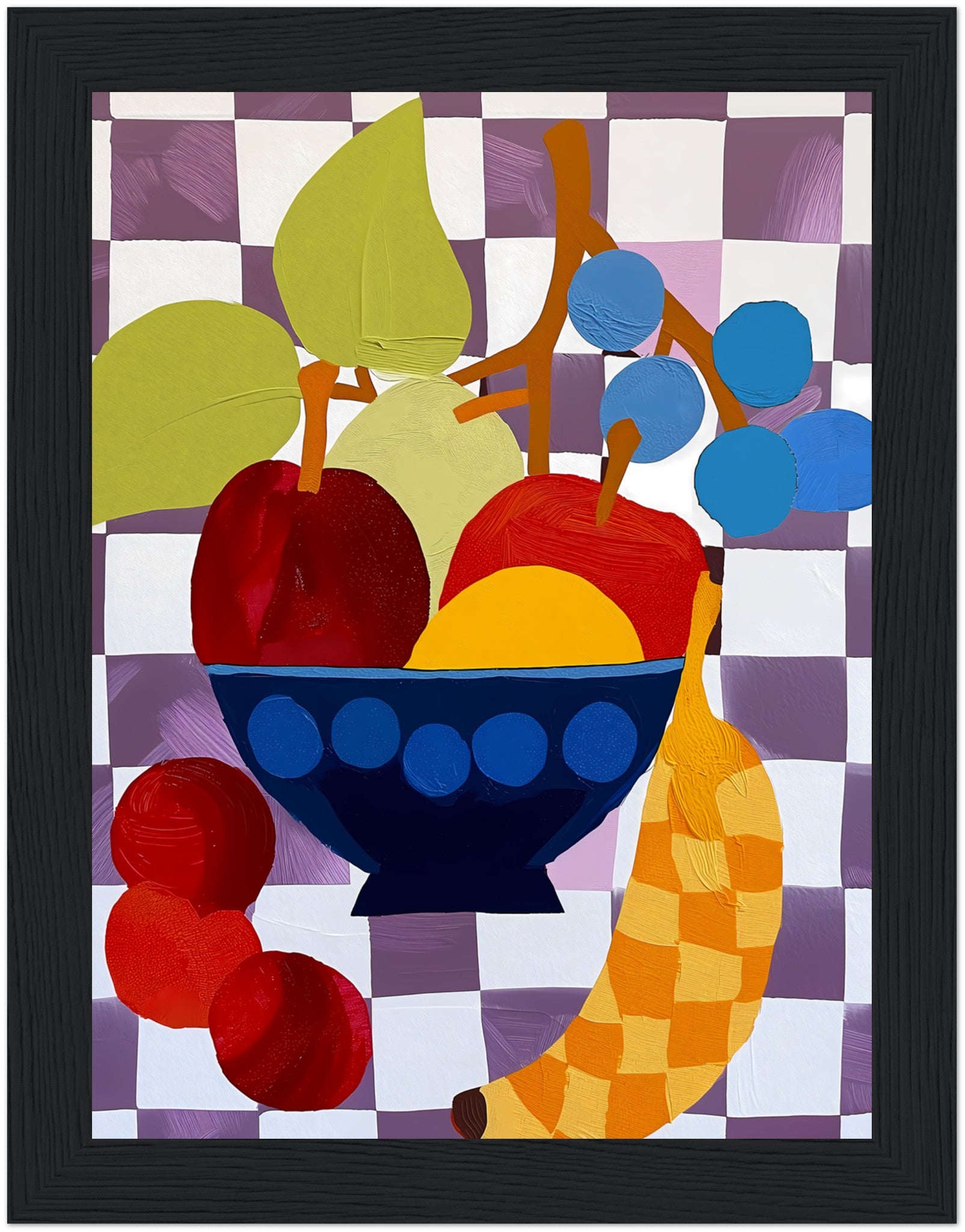 Abstract artwork of a fruit bowl with colorful, stylized shapes.