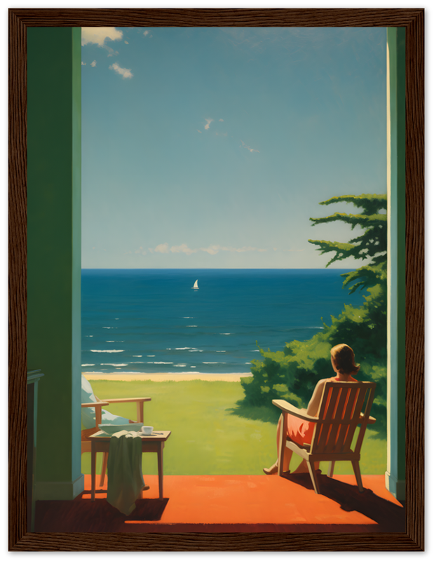 Alt text: A painting of a person sitting on a porch looking at the sea with a sailboat in the distance.