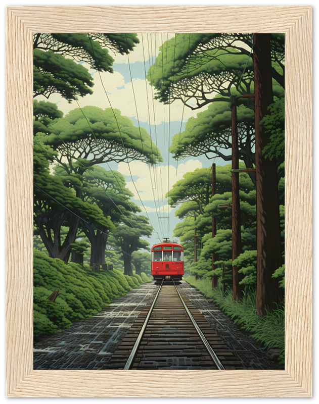 A framed illustration of a red tram on tracks amidst lush green trees.