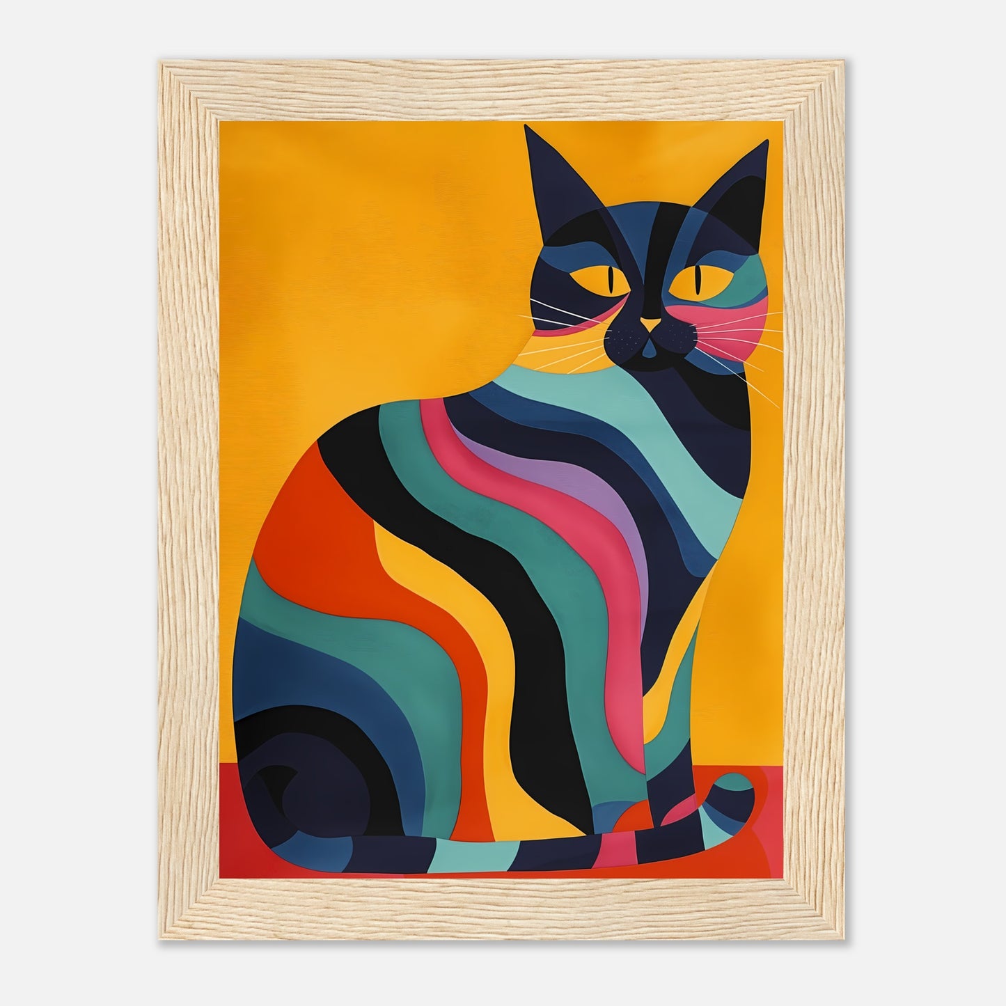 Colorful, abstract art of a striped cat against an orange background, in a wooden frame.