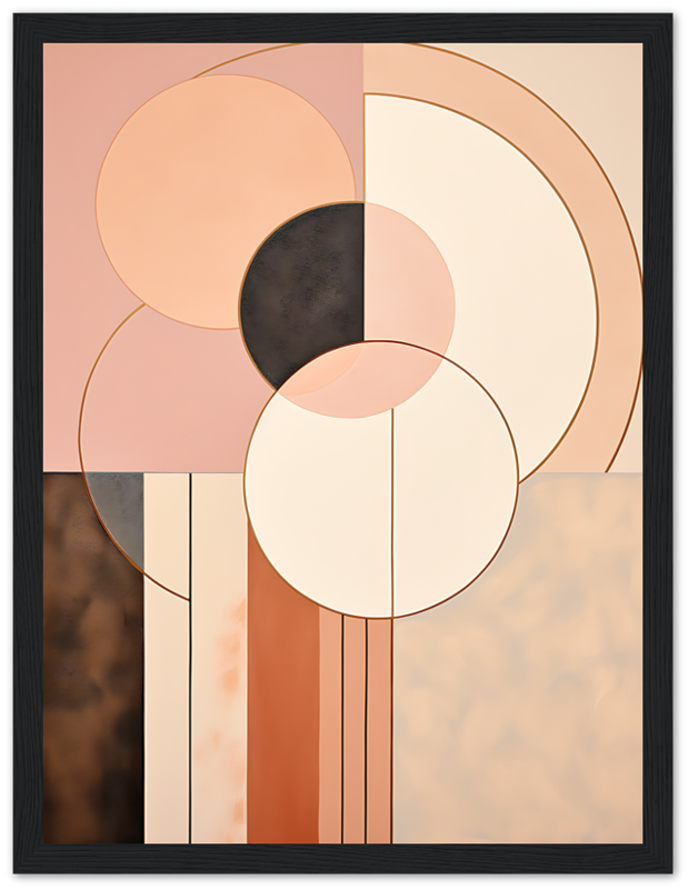 Abstract geometric painting with circles and rectangles in warm tones.