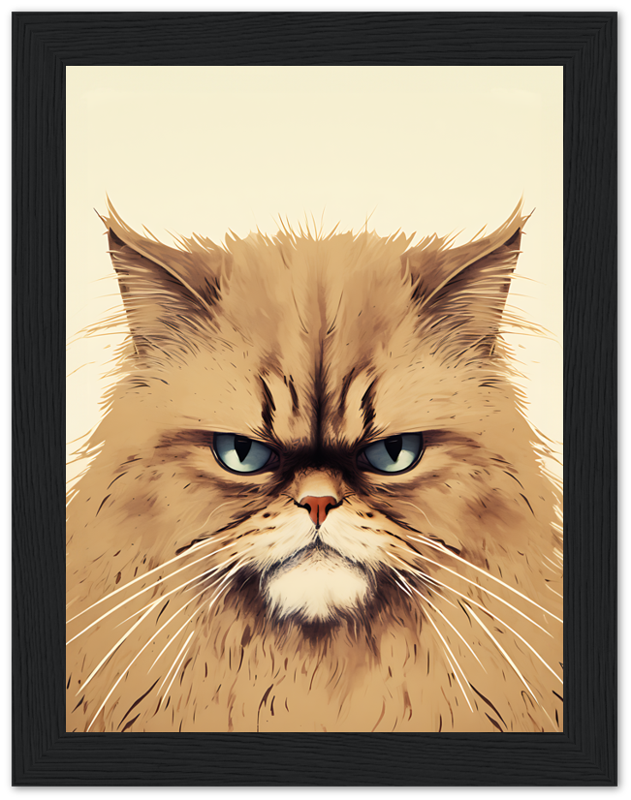 Illustration of a grumpy-looking long-haired cat in a framed picture.