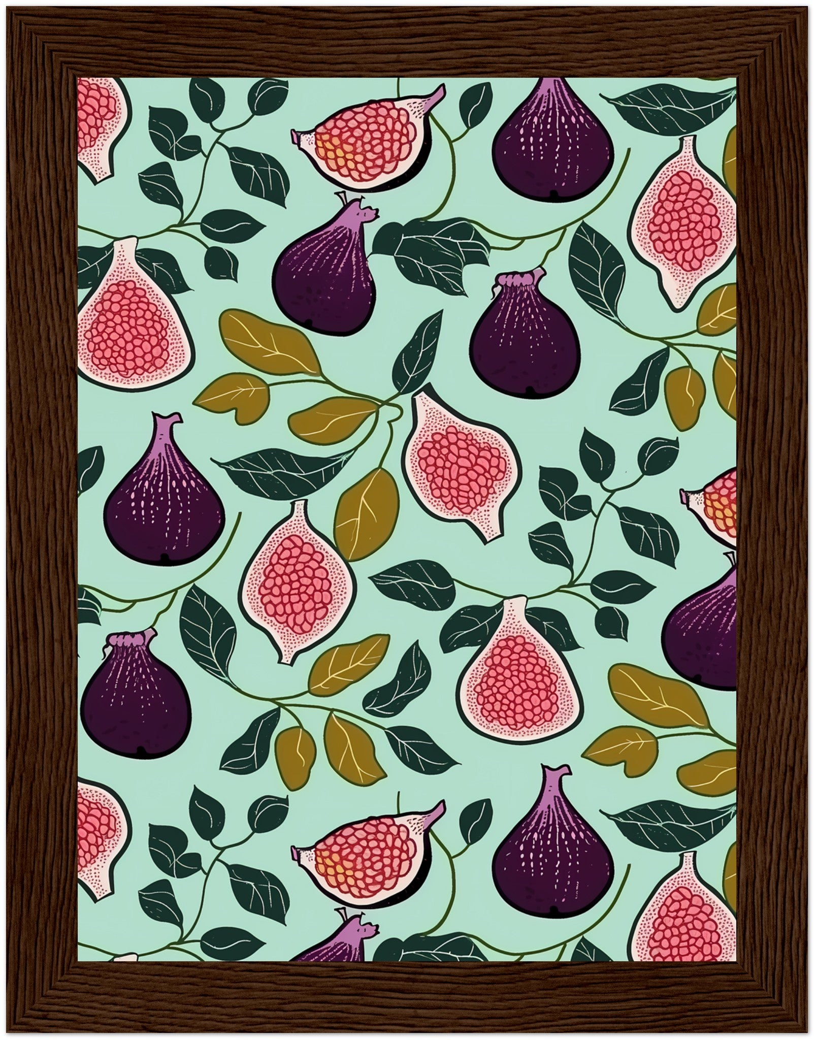 A colorful illustration of figs and pomegranates with leaves on a teal background, framed by a brown border.