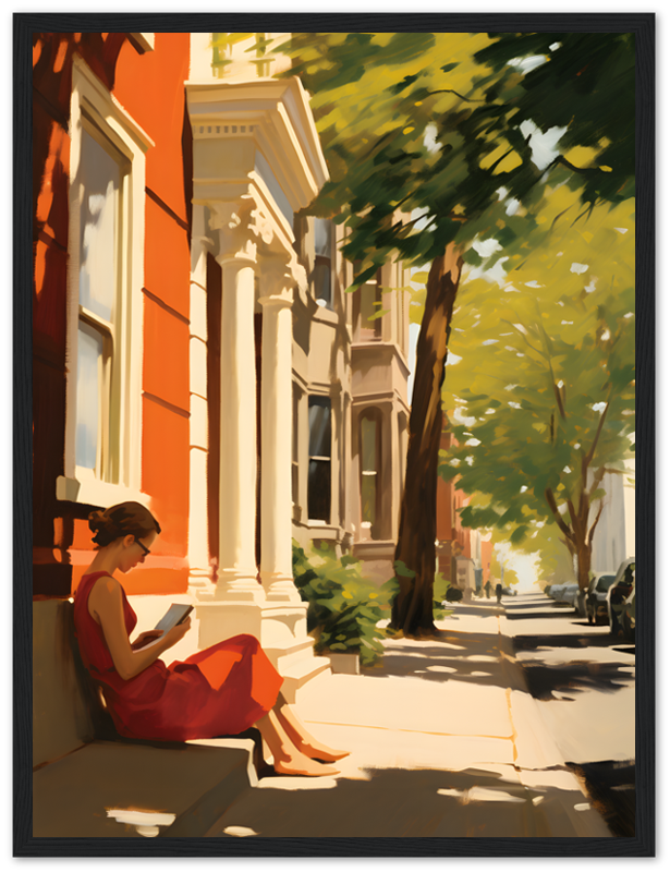 A person reading a book on a sunny city sidewalk.