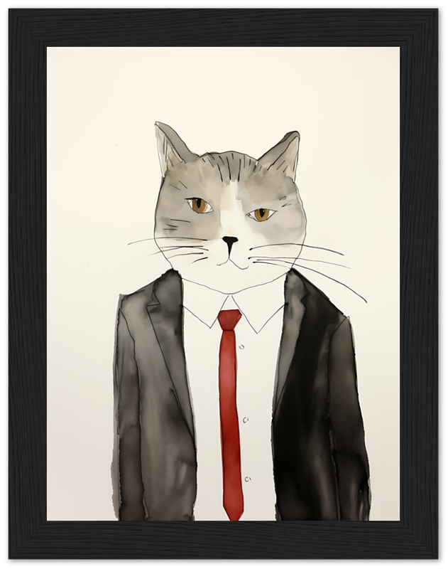Illustration of a cat with a human body dressed in a suit and red tie, framed on a wall.