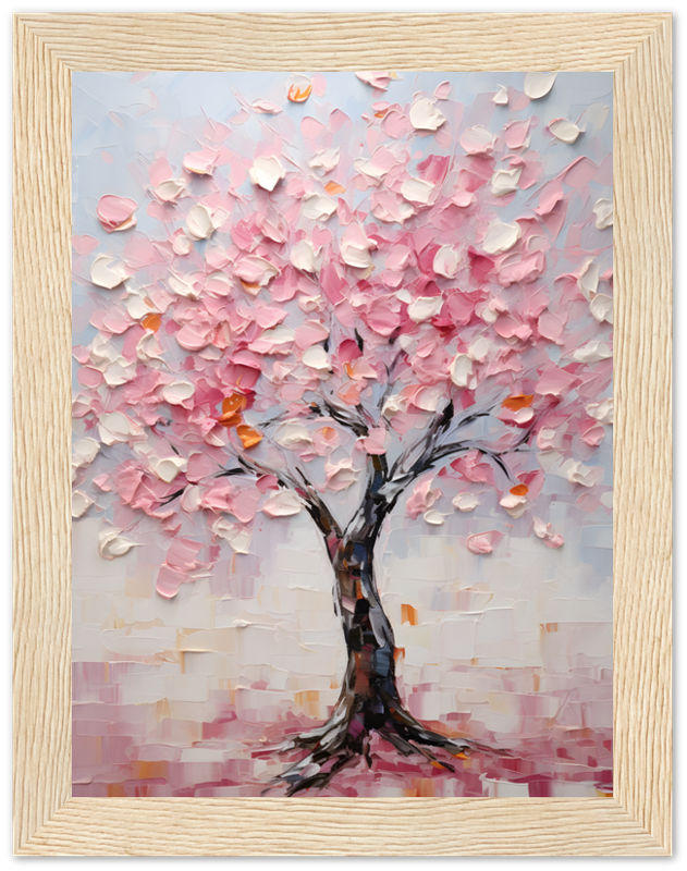 A textured painting of a blossoming pink tree in a wooden frame.
