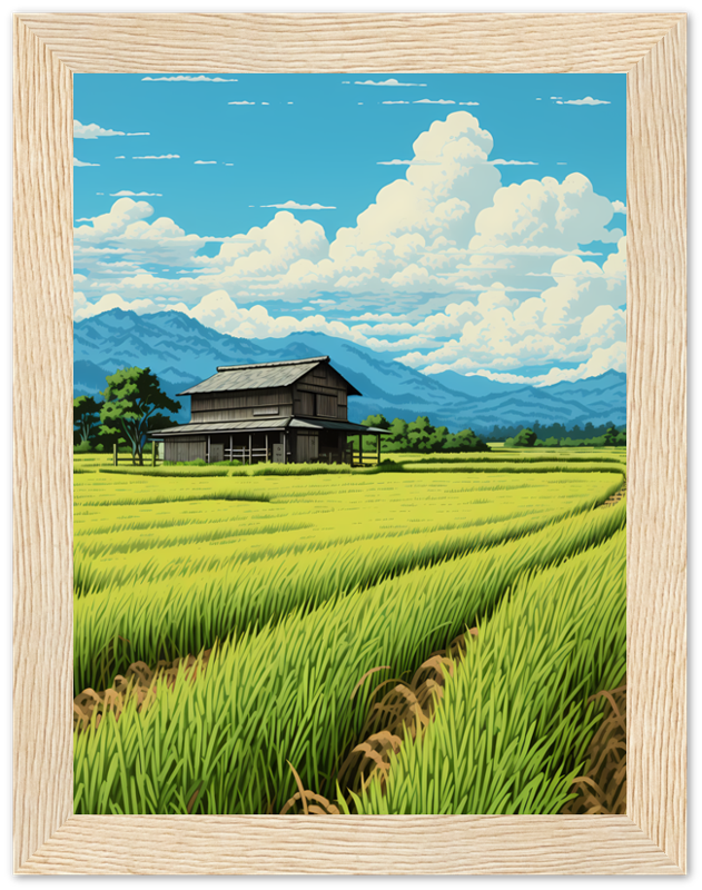 Illustration of a traditional house in a rice field with mountains in the background, framed as a painting.