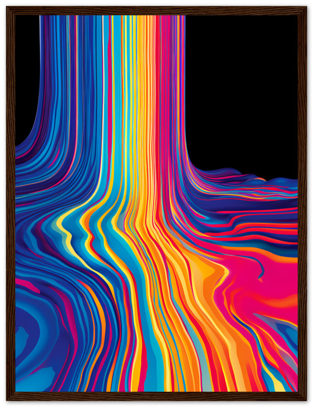 Colorful abstract wavy lines artwork in a white frame.