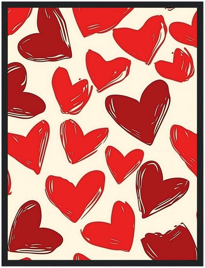 Illustration of multiple red hearts of various sizes on a pale background with a dark frame.
