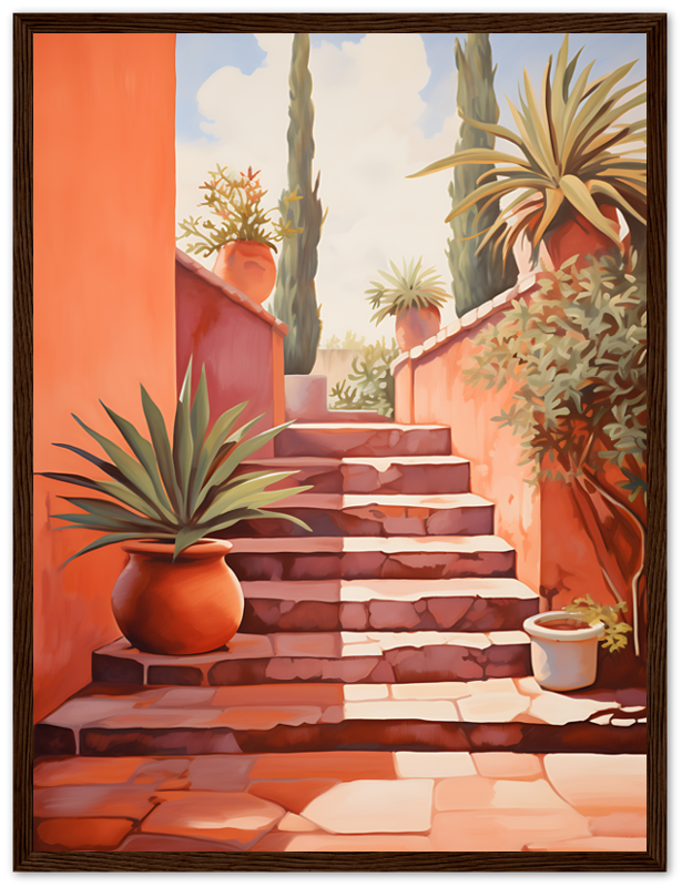 A painting of a sunlit stairway with potted plants in a warm terracotta setting.