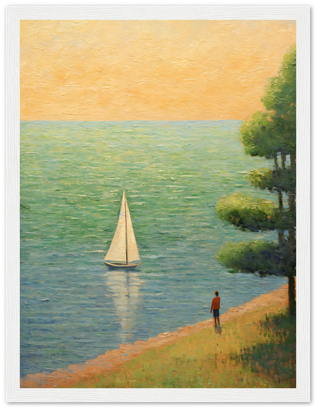 Painting of a person standing by a lake watching a sailboat at sunset.