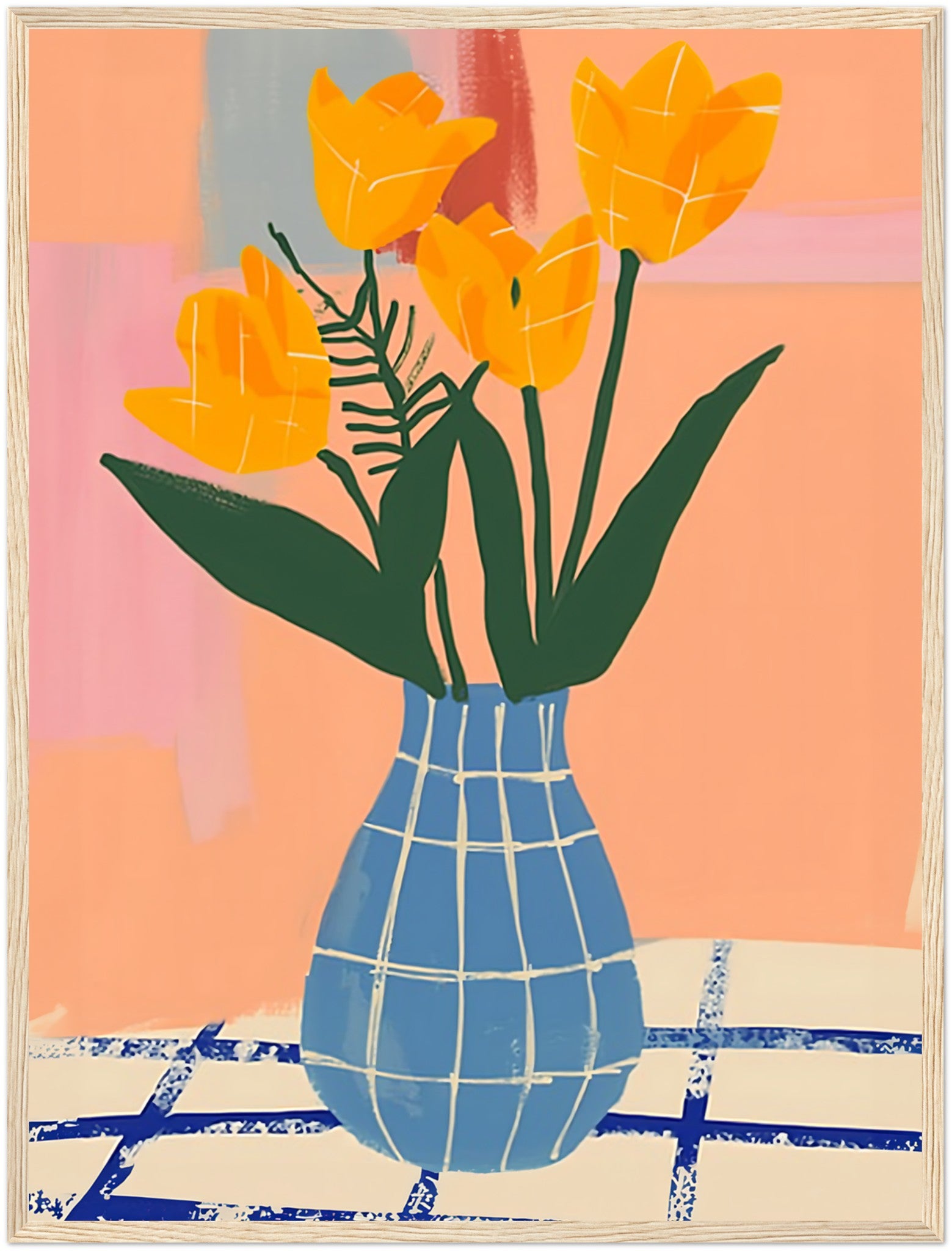 Abstract painting of yellow tulips in a blue checked vase against colorful background.