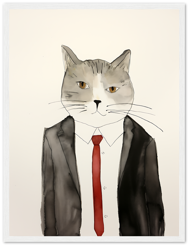 Illustration of a cat with a human body in a suit, framed on a wall.