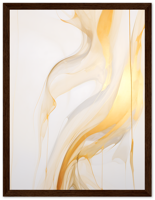 Abstract swirling golden and white patterns in a framed artwork.