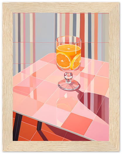 Illustration of a glass of orange juice on a striped table, framed as a painting.