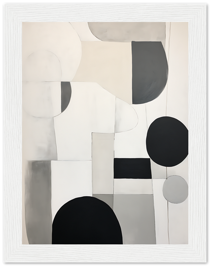 Abstract painting with geometric shapes in neutral tones within a white frame.