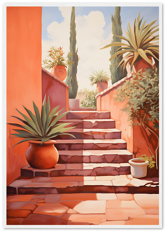 A painting of a sunlit stairway with potted plants and cacti leading up beside a terracotta wall.