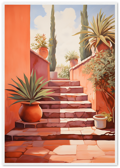 A painting of a sunlit stairway with potted plants and cacti leading up beside a terracotta wall.