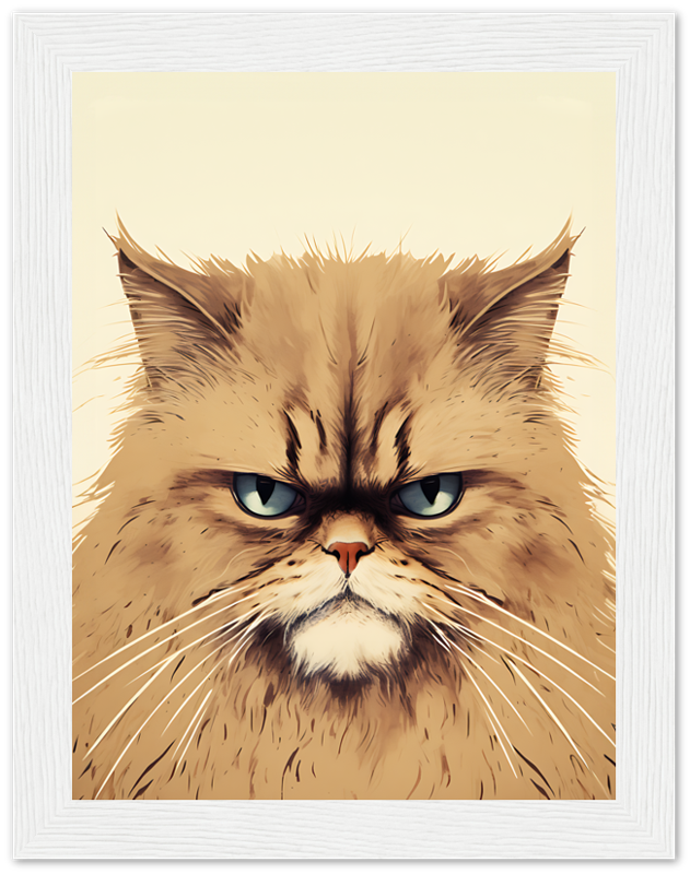 Illustration of a grumpy-looking long-haired cat with a scowling expression, framed on a wall.