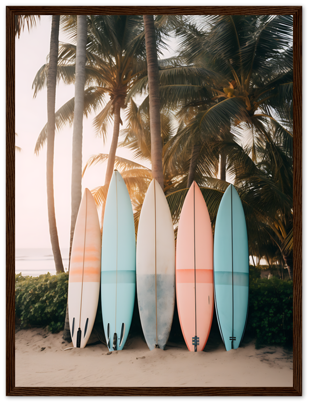 Five surfboards lined up against palm trees on a beach at sunset.