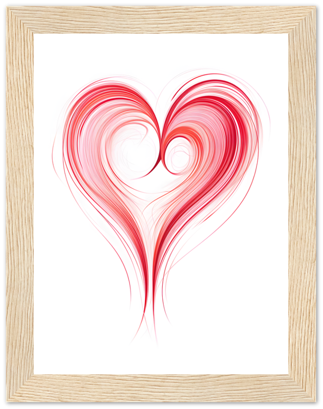Abstract heart-shaped red swirl design in a wooden frame.