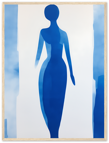 Abstract blue silhouette of a human figure in a frame.