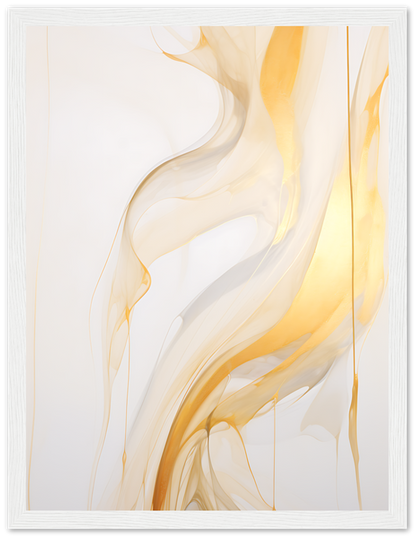Abstract swirling golden and white patterns on a light background, framed as art.