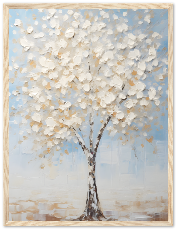 Painting of a blooming tree with white and beige leaves on a blue background, in a wooden frame.
